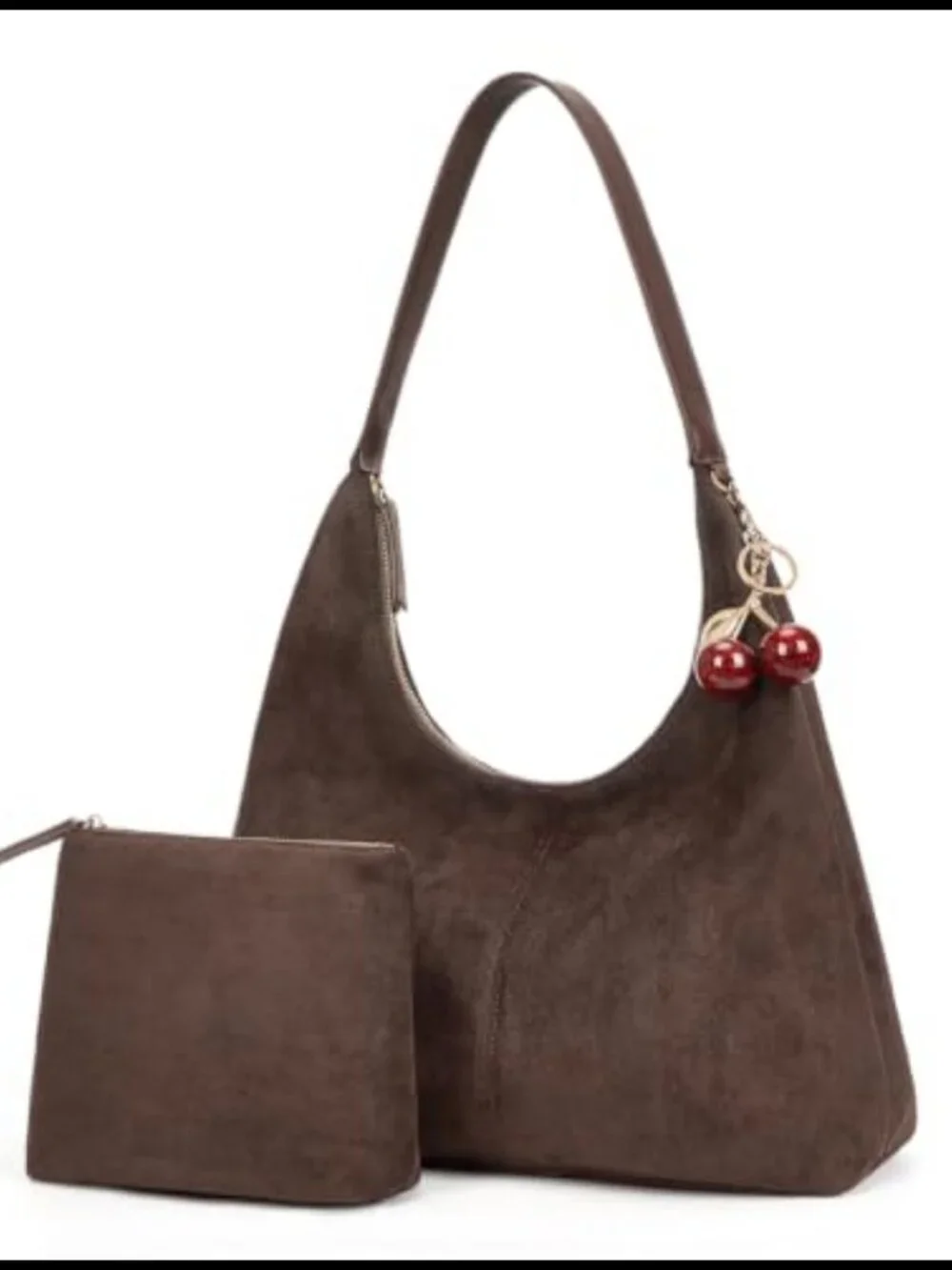 Faux Suede Hobo Shoulder Bag 2pc Set Wide Strap Zipper Pouch